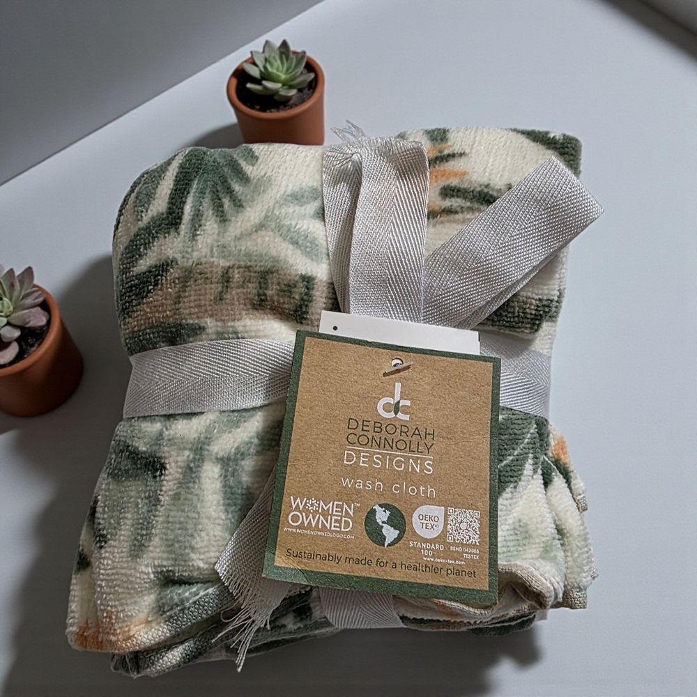 Deborah Connolly  Print Palm Trees S/4 Washcloths Floral Green Beige Peach
